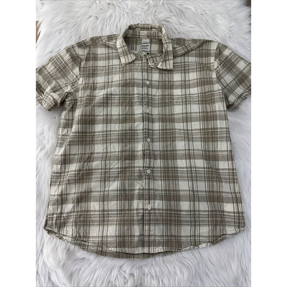 Prana mens Beige plaid short sleeve button up shirt size L standard fit